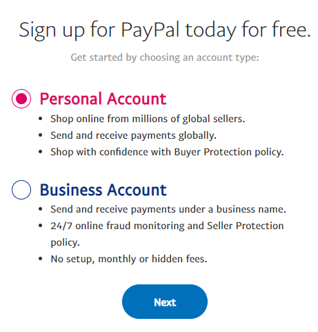 Kind of PayPal account