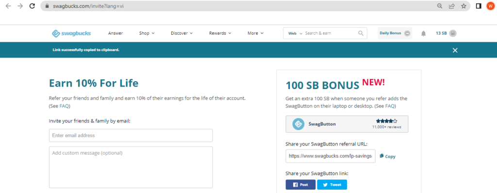 Invite friends to join Swagbucks