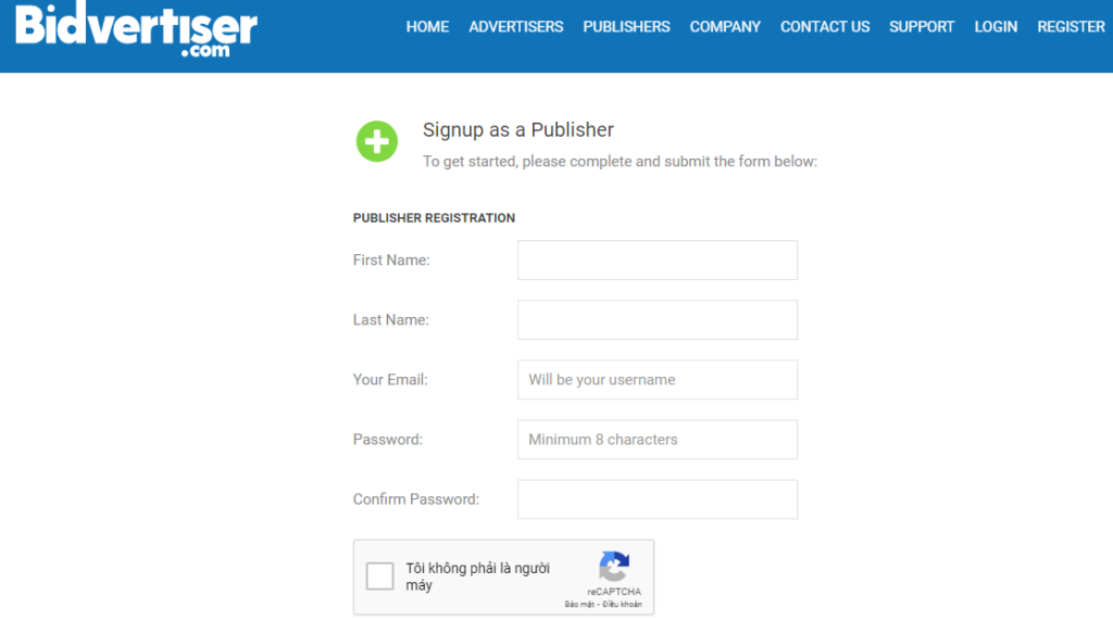 Sign up Bidvertiser