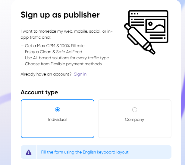 Sign up as a publisher in Monetag