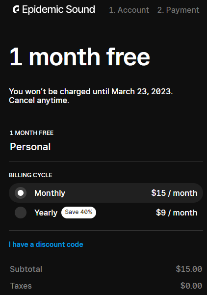 Epidemic Sound payment after a free month