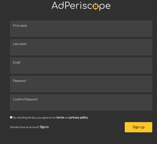 Fill needed information to register AdPeriscope account