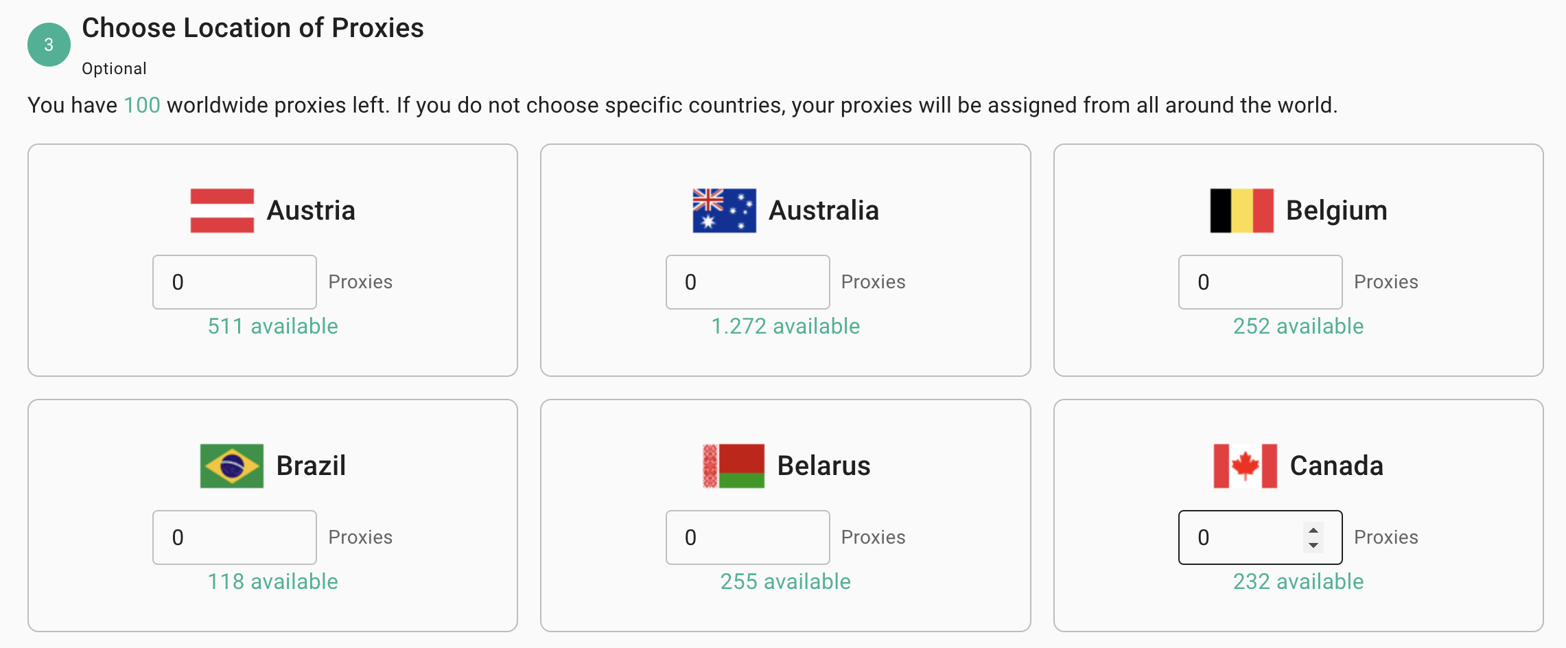 Select the number of proxies to each country you want